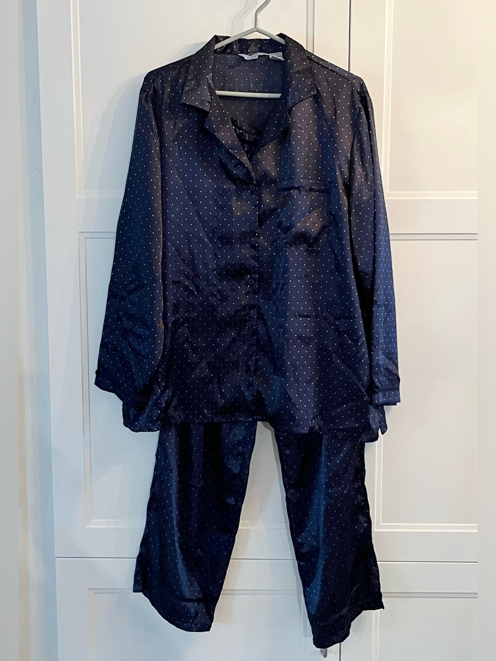 Ladies Navy Polka Dot Satin Like Pajama Set